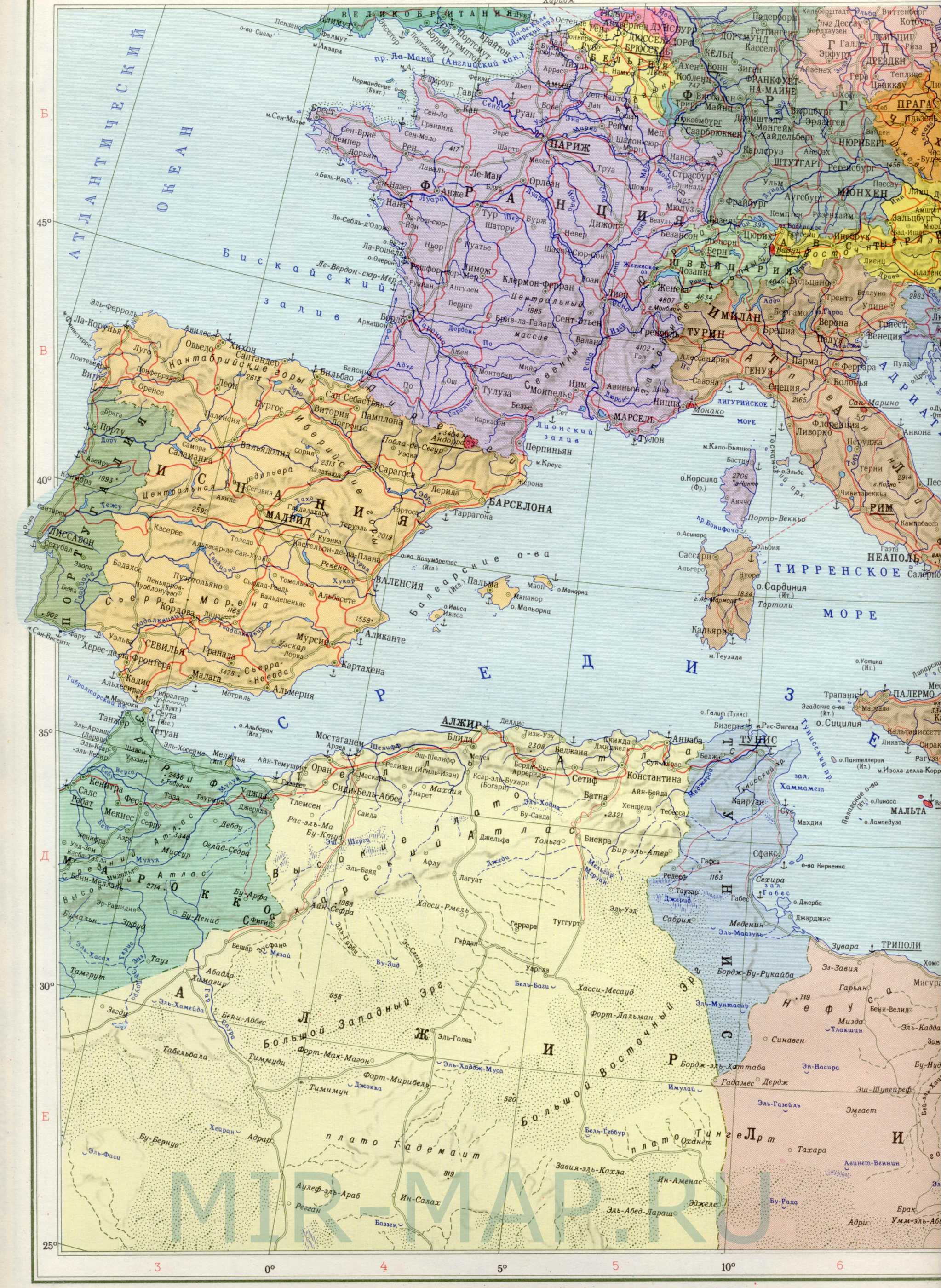Политическая карта Европы - страны Средиземного моря. Политическая картаЕвропы на русском языке