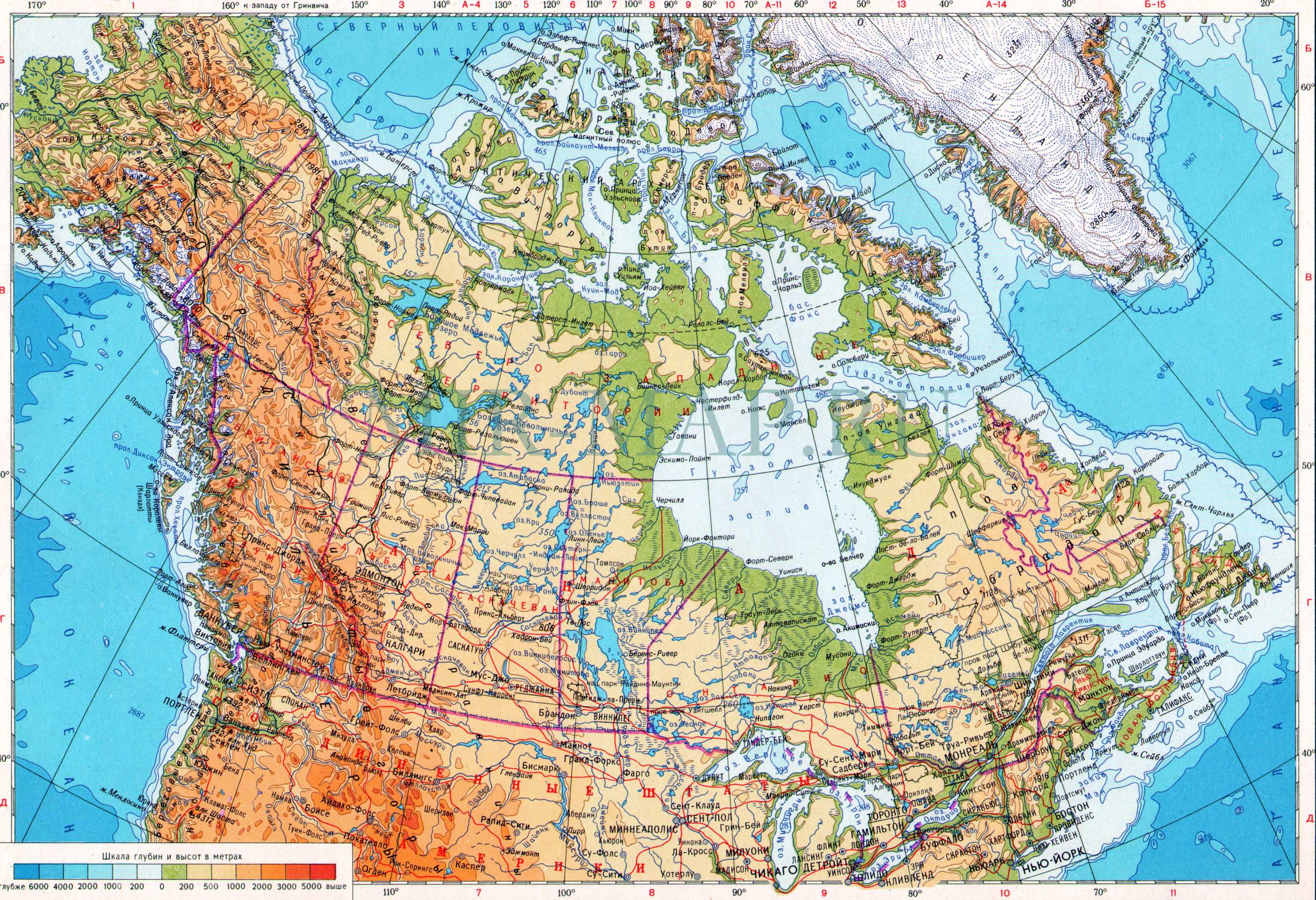 Карта Канады. Подробная карта Канады на русском языке. Географическая карта Канады масштаба 1см:200км, A0 - 