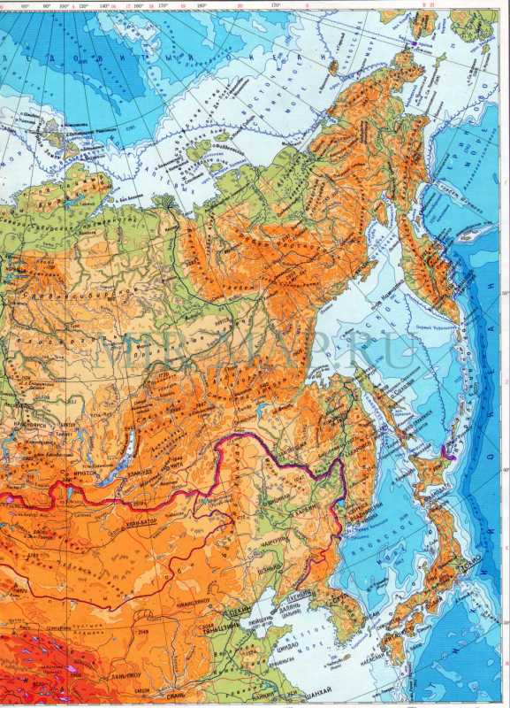 Географическая карта России. Подробная физическая карта России масштаба1см:200км