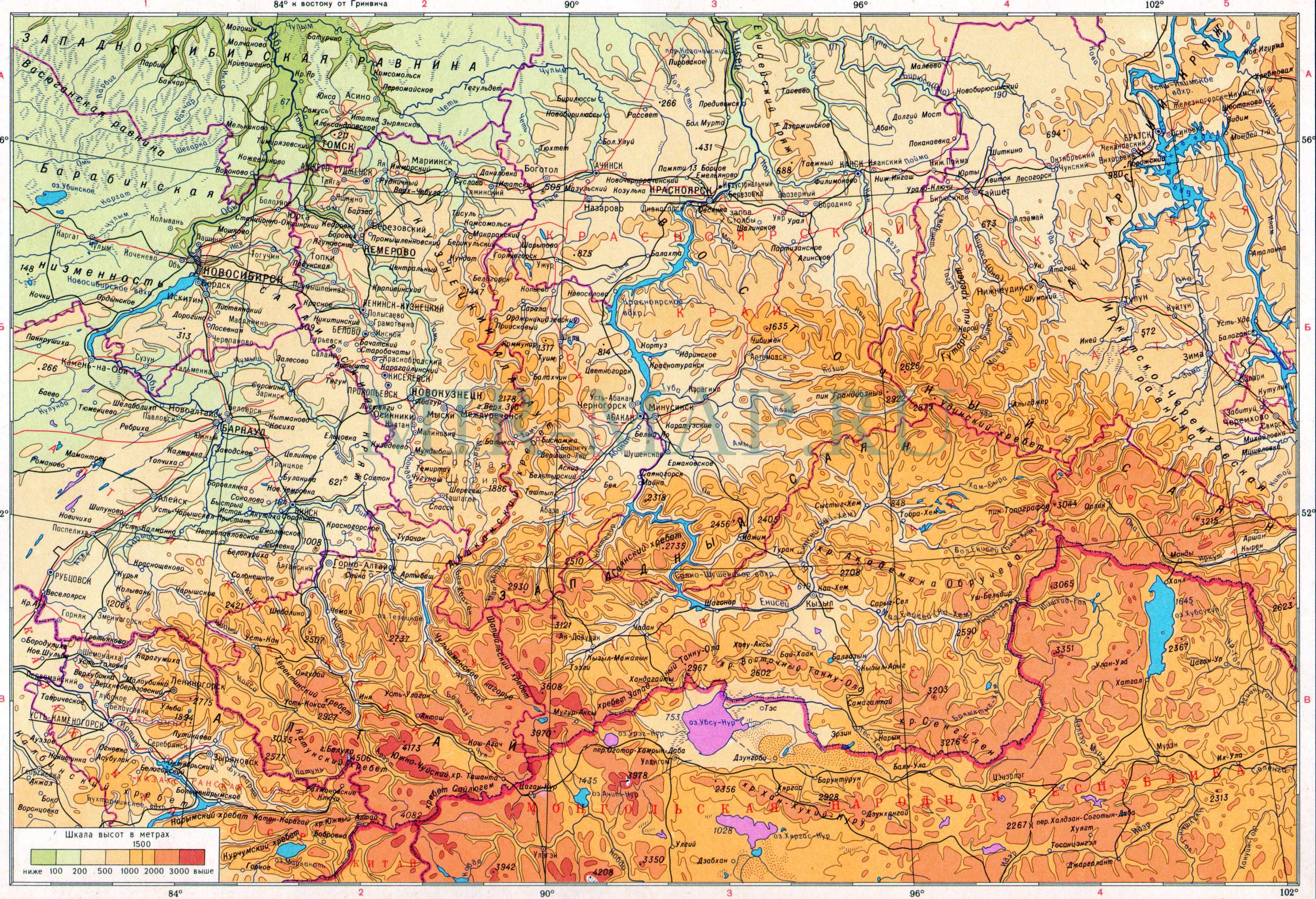 Географическая карта Алтая и Саян. Подробная географическая карта - Алтай и Саяны 1см:50км, A0 - 