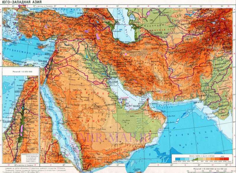 Физическая карта Юго-Западной Азии. Географическая карта Азии - Юго-ЗападнаяАзия 1см:150км